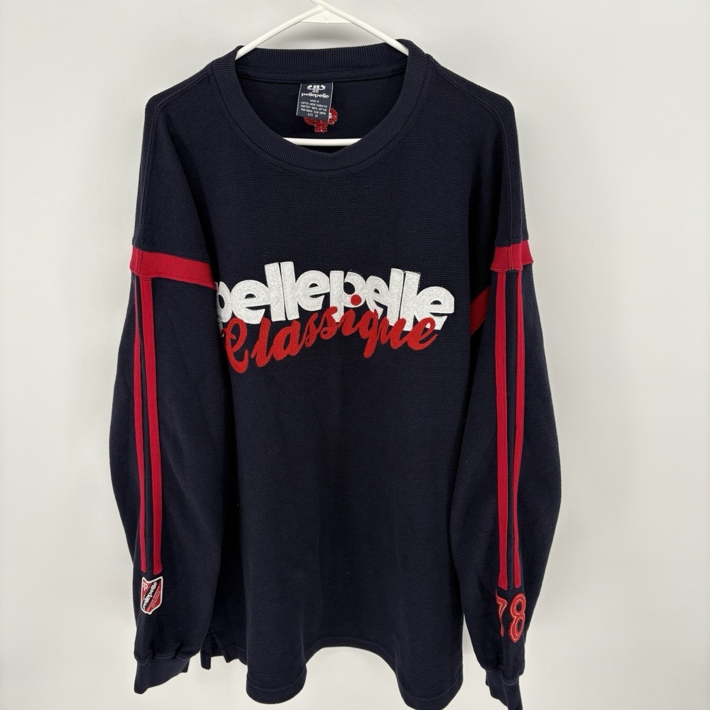 Pelle Pelle Thermal Shirt Men 3XL Navy Embroidered Y2K Waffle Knit Long Sleeve